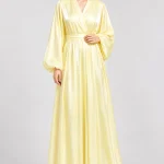 Women's Butter Yellow Satin-Look Wrap Abaya with Matching Waist Tie Belt, Balloon Sleeves & Flowy Maxi Silhouette