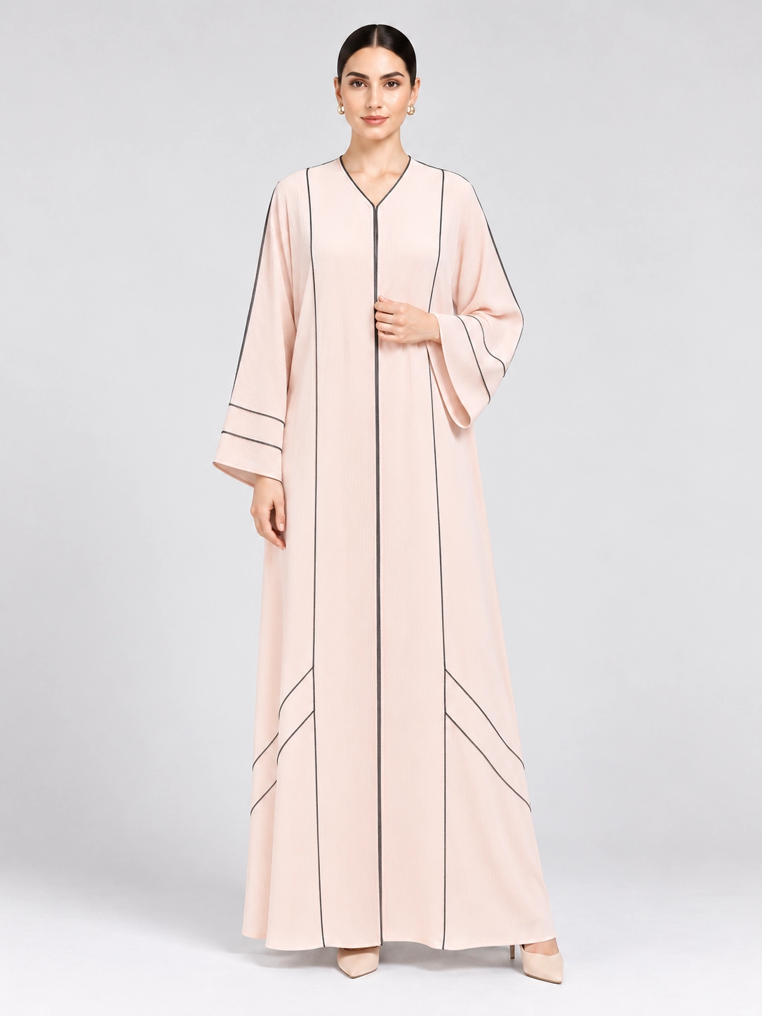 30 (1) Women's Elegant Blush Pink Abaya with Black Contrast Piping – V-Neck, Wide Kimono Sleeves, Geometric Side Panel Design, Full-Length Flowing Modest Maxi Dress for Eid, Ramadan & Everyday Wear - Image 1