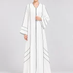 Women's Elegant Ivory White Abaya with Black Contrast Piping – V-Neck, Wide Kimono Sleeves, Geometric Side Panels, Full-Length Flowing Modest Maxi Dress for Eid, Ramadan & Everyday Wear