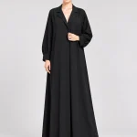 Women's Elegant Black Blazer-Style Abaya with Notched Lapel Collar – Long Balloon Sleeves, Gathered Cuffs, Full-Length Flowing Modest Outerwear for Office, Eid, Ramadan & Everyday Wear