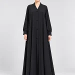 Women's Elegant Black Button-Front Abaya – V-Neck, Fabric-Look Covered Buttons, Long Balloon Sleeves, Gathered Cuffs, Full-Length Flowing A-Line Modest Maxi Dress for Eid, Ramadan, Office & Everyday Wear