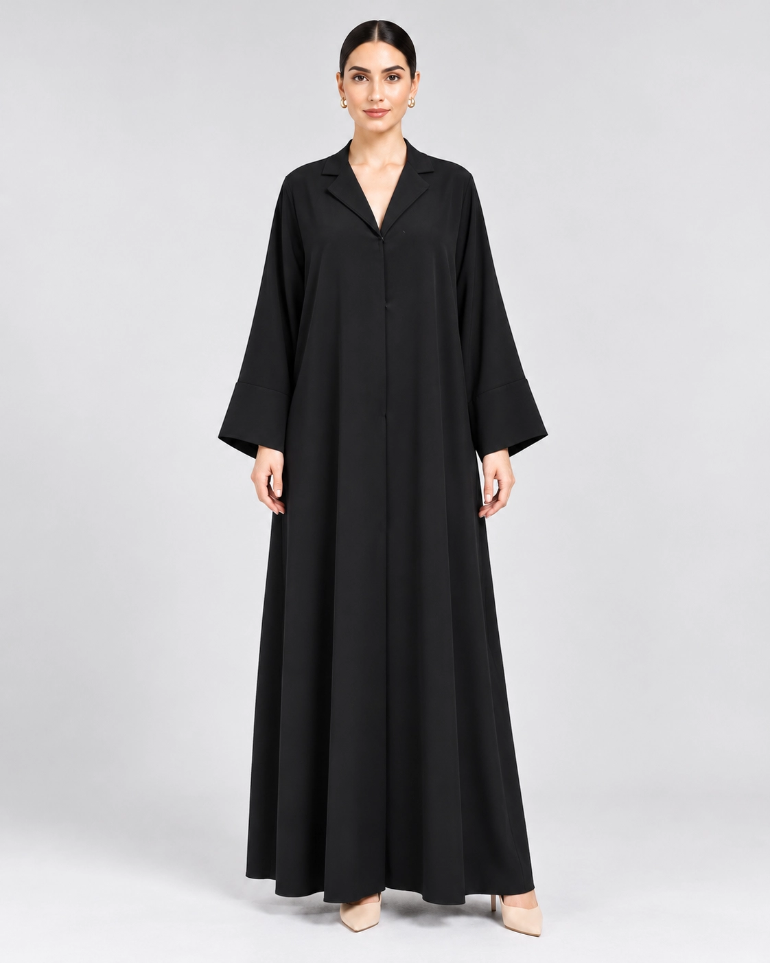 34 (1) Women's Elegant Black Blazer-Style Abaya – Classic Notched Lapel Collar, Wide Cuff Sleeves, Full-Length Flowing Loose Fit Modest Maxi Dress for Office, Eid, Ramadan & Everyday Wear - Image 1