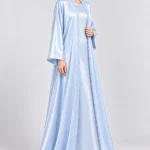 Women's Elegant Sky Blue Satin-Look Open-Front Abaya with Delicate Fringe Trim – Wide Kimono Sleeves, Soft Shimmer Finish, Full-Length Flowing Modest Outerwear for Eid, Ramadan, Evening Parties & Special Occasions