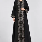 Women's Elegant Black Open-Front Abaya with Champagne Beige Geometric Floral Detailing – Intricate Lattice Pattern, Wide Kimono Sleeves, Full-Length Flowing Modest Outerwear for Eid, Ramadan & Special Occasions