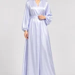 Women's Elegant Pastel Lavender Satin-Look Abaya with Matching Waist Belt – V-Neck, Long Balloon Sleeves, Gathered Cuffs, Full-Length Flowing Modest Maxi Dress for Eid, Ramadan, Evening Parties & Special Occasions
