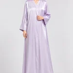 Women's Elegant Pastel Lilac Satin-Look Abaya – Soft Shimmer Finish, V-Neck, Gathered Long Sleeves, Wide Statement Cuffs, Full-Length Flowing Modest Maxi Dress for Eid, Ramadan, Evening Parties & Special Occasions