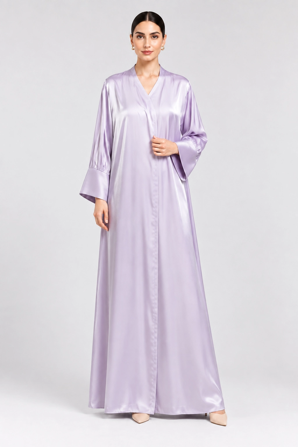 39 (1) Women's Elegant Pastel Lilac Satin-Look Abaya – Soft Shimmer Finish, V-Neck, Gathered Long Sleeves, Wide Statement Cuffs, Full-Length Flowing Modest Maxi Dress for Eid, Ramadan, Evening Parties & Special Occasions - Image 1