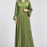 Women's Olive Green Satin-Look Maxi Abaya with V-Neck, Gathered Flared Sleeves & Elegant Flowy Silhouette