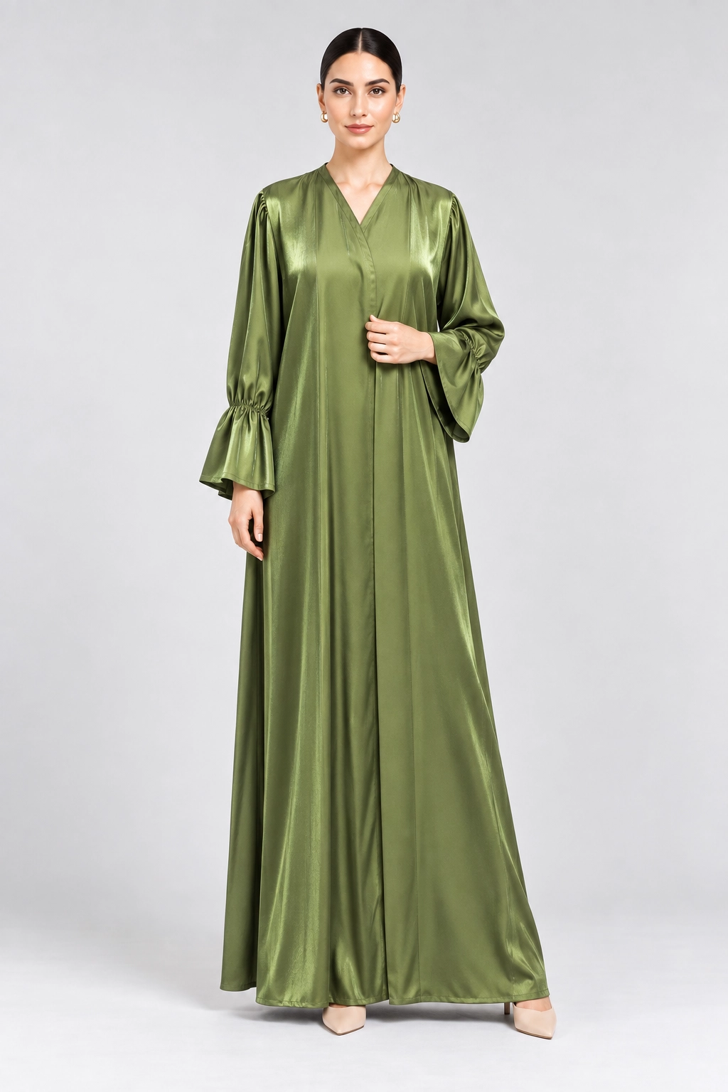 4 (1) Women's Olive Green Satin-Look Maxi Abaya with V-Neck, Gathered Flared Sleeves & Elegant Flowy Silhouette - Image 1