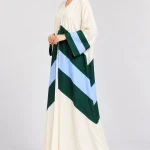 Women's Elegant Cream Colour Block Abaya with Forest Green & Sky Blue Stripes – Geometric Diagonal Design, Wide Kimono Sleeves, Full-Length Flowing Modest Outerwear for Eid, Ramadan & Everyday Wear