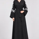 Women's Elegant Black Floral Embroidered Abaya with Tie-Waist Belt – White Floral & Leaf Embroidery, V-Neck, Wide Kimono Sleeves, Full-Length Flowing Modest Maxi Dress for Eid, Ramadan & Special Occasions