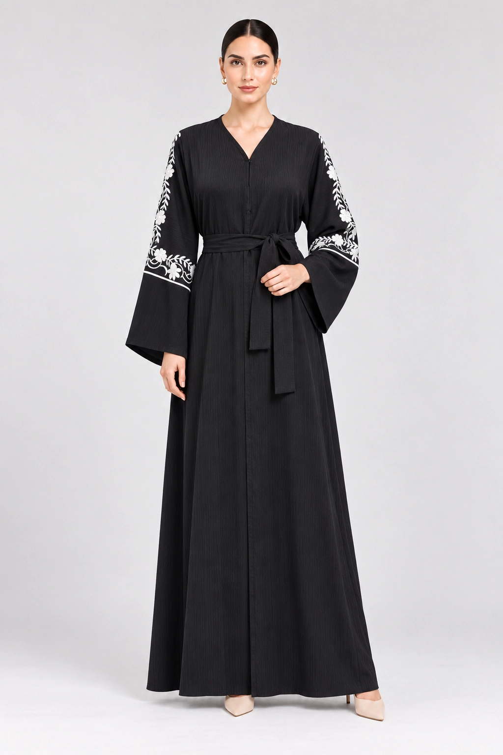 41 (1) Women's Elegant Black Floral Embroidered Abaya with Tie-Waist Belt – White Floral & Leaf Embroidery, V-Neck, Wide Kimono Sleeves, Full-Length Flowing Modest Maxi Dress for Eid, Ramadan & Special Occasions - Image 1