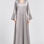 Women's Elegant Silver Grey Shimmer Abaya – V-Neck, Flared Bell Sleeves, Full-Length Flowing Maxi Dress for Eid, Ramadan, Evening Parties & Special Occasions