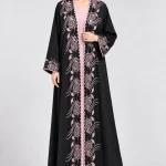 Women's Black Floral Embroidered Open-Front Abaya – Elegant Blush Pink Rose Design, Scalloped Front Borders, Wide Sleeves, Full-Length Modest Outerwear for Eid, Ramadan & Special Occasions