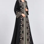 Women's Black Floral Embroidered Style Open-Front Abaya – Elegant Champagne Beige Rose Design, Scalloped Borders, Wide Sleeves, Full-Length Modest Outerwear for Eid, Ramadan & Special Occasions