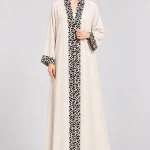 Women's Elegant Cream Beige Open-Front Abaya – Black Abstract Print Borders, Wide Kimono Sleeves, Full-Length Flowing Modest Outerwear for Eid, Ramadan & Casual Wear