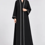 Women's Elegant Black Open-Front Abaya with Silver Trim – Classic V-Neck, Wide Sleeves, Full-Length Flowing Modest Outerwear for Eid, Ramadan, Casual & Occasion Wear
