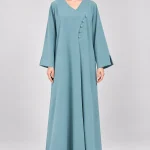 Women's Elegant Dusty Teal Blue Abaya with Asymmetric Button Detail – Stylish Wrap-Style V-Neck, Tonal Covered Buttons, Wide Flared Sleeves, Full-Length Flowing A-Line Modest Maxi Dress for Eid, Ramadan & Everyday Wear
