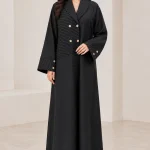 Women's Elegant Black Double-Breasted Blazer-Style Abaya with Contrast Buttons – Asymmetric Pinstripe Panels, Notched Lapel Collar, Wide Statement Sleeves, Full-Length Flowing Modest Outerwear for Office, Eid, Ramadan & Special Occasions