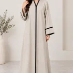 Women's Elegant Cream Beige Abaya with Black Contrast Piping – Mandarin-Style Collar, V-Neck, Wide Kimono Sleeves, Full-Length Flowing Loose Fit Modest Maxi Dress for Eid, Ramadan, Office & Everyday Wear