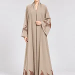 Women's Elegant Taupe Beige Open-Front Abaya with Brown Deer & Botanical Leaf Detailing – Nature-Inspired Design, Shawl Collar, Wide Kimono Sleeves, Full-Length Flowing Modest Outerwear for Eid, Ramadan & Special Occasions
