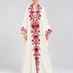 Women's Elegant Ivory Cream Abaya with Deep Red Floral Embroidery-Style Detailing – V-Neck, Botanical Front Panels, Wide Kimono Sleeves, Full-Length Flowing Modest Dress for Eid, Ramadan & Special Occasions