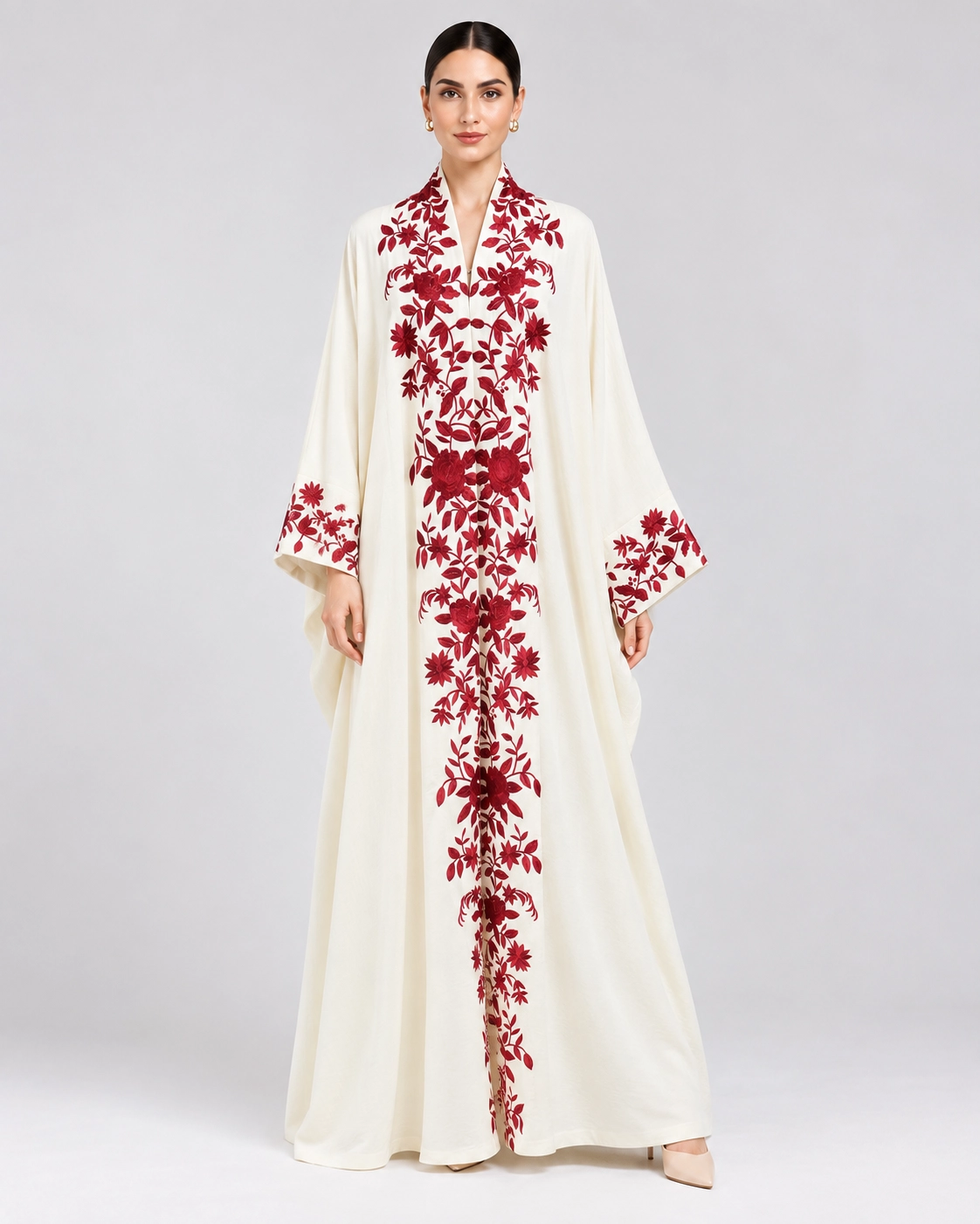 NND26AB070 (1) Women's Elegant Ivory Cream Abaya with Deep Red Floral Embroidery-Style Detailing – V-Neck, Botanical Front Panels, Wide Kimono Sleeves, Full-Length Flowing Modest Dress for Eid, Ramadan & Special Occasions - Image 1