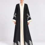 Women's Elegant Black Open-Front Abaya with Ivory Deer & Botanical Leaf Detailing – Contrast Shawl Collar, Wide Kimono Sleeves, Fern Leaf Hemline, Full-Length Flowing Modest Outerwear for Eid, Ramadan & Special Occasions