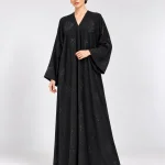 Women's Elegant Black-on-Black Botanical Pattern Abaya – Tonal Floral Embroidery-Style Detailing, Fern Leaf Motifs, V-Neck, Wide Kimono Sleeves, Full-Length Flowing Modest Maxi Dress for Eid, Ramadan & Everyday Wear