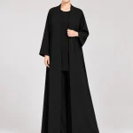 Women's Elegant Classic Black Open-Front Abaya – Minimalist Plain Design, Wide Kimono Sleeves, Structured Cuffs, Full-Length Flowing Loose Fit Modest Outerwear for Eid, Ramadan, Office & Everyday Wear