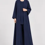Women's Elegant Navy Blue Open-Front Abaya – Classic Minimalist Design, Shawl-Style Collar, Wide Kimono Sleeves, Structured Cuffs, Full-Length Flowing Loose Fit Modest Outerwear for Eid, Ramadan, Office & Everyday Wear