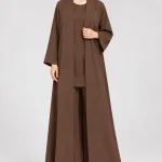 Women's Elegant Mocha Brown Open-Front Abaya – Classic Minimalist Design, Shawl-Style Collar, Wide Kimono Sleeves, Structured Cuffs, Full-Length Flowing Loose Fit Modest Outerwear for Eid, Ramadan, Office & Everyday Wear