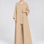 Women's Elegant Sand Beige Open-Front Abaya – Classic Minimalist Design, Shawl-Style Collar, Wide Kimono Sleeves, Structured Cuffs, Full-Length Flowing Loose Fit Modest Outerwear for Eid, Ramadan, Office & Everyday Wear