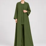 Women's Elegant Olive Green Open-Front Abaya – Classic Minimalist Design, Shawl-Style Collar, Wide Kimono Sleeves, Structured Cuffs, Full-Length Flowing Loose Fit Modest Outerwear for Eid, Ramadan, Office & Everyday Wear