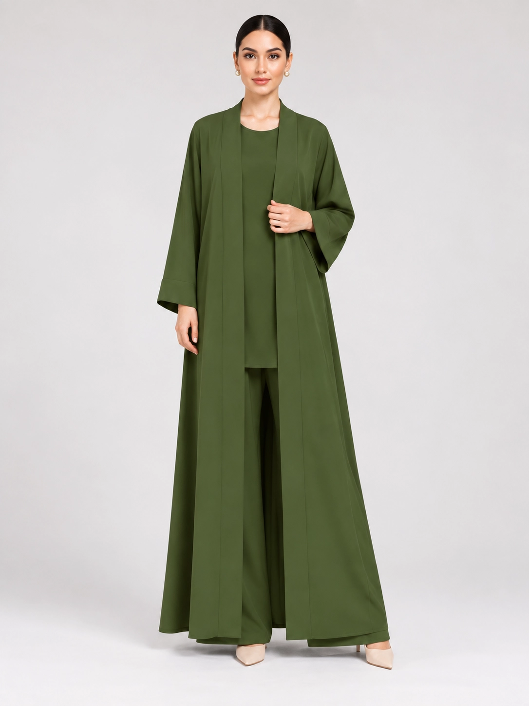 NND26AB077 (1) Women's Elegant Olive Green Open-Front Abaya – Classic Minimalist Design, Shawl-Style Collar, Wide Kimono Sleeves, Structured Cuffs, Full-Length Flowing Loose Fit Modest Outerwear for Eid, Ramadan, Office & Everyday Wear - Image 1