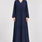 Navy blue single abaya for women with V-neckline and horizontal pintuck-style detailing, front view