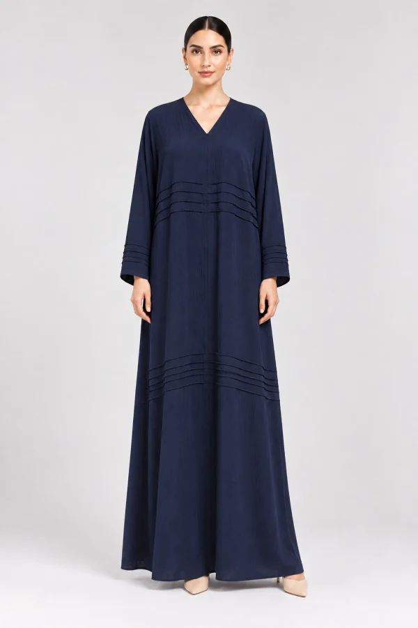 Navy blue single abaya for women with V-neckline and horizontal pintuck-style detailing, front view