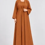Rust Brown 2-Piece Abaya Set for Women | Open Front Abaya, Sleeveless Maxi Dress & Waist Belt