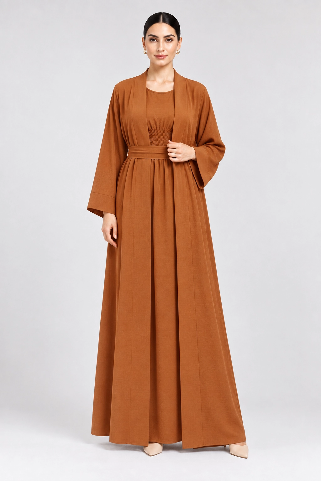 rust-brown-2-piece-abaya-set-women-front (2) Rust Brown 2-Piece Abaya Set for Women | Open Front Abaya, Sleeveless Maxi Dress & Waist Belt - Image 1